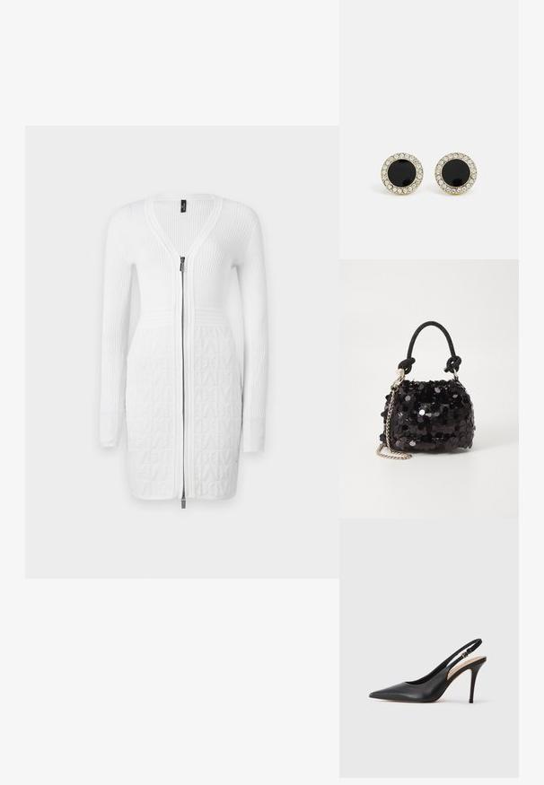 Bílé pletené šaty se zipem vpředu, s žebrovanou texturou na rukávech a vzorovanou spodní částí. Jednoduchý, přiléhavý design po celém obvodu.; Černá kožená slingback lodička na vysokém podpatku s špičatou špičkou, hladkým povrchem a jemným páskem se metalickou sponou.; Černá mini kabelka s flitry, s uzlovým texturovaným popruhem a stříbrným řetízkem. Zaoblený tvar s nařaseným vrchem a reflexními detaily.; DKNY INLAY STUD - Náušnice - black/gold-coloured