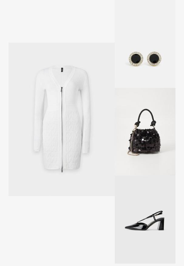 Fehér, kötött ruha elől cipzárral, bordás textúrával a ujjakon és mintás alsó résszel. Egyszerű, testhez álló fazon végig.; Fekete lakk bőrből készült slingback magas sarkú cipők hegyes orral, állítható pánttal és vastag téglalap alakú sarokkal.; Fekete flitteres mini kézitáska csomózott textúrájú pánttal és ezüst lánccal. Lekerekített forma, ráncolt tetejével és fényvisszaverő részletekkel.; DKNY INLAY STUD - Fülbevalók - black/gold-coloured