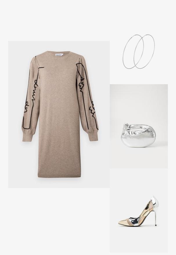 Pletena haljina u bež boji s okruglim izrezom i dugim napuhanim rukavima koji imaju crnu apstraktnu vezu duž rukava. Rebrasti donji rub i manšete.; Cipele s visokom potpeticom i špicastim vrhom u srebrnoj, zlatnoj i nude boji. Sjajan finiš s izrezbarenim dizajnom, s potpeticom u obliku stiletto.; Srebrna metalik torbica s mekim, zaobljenim oblikom i čvorastim zatvaranjem na vrhu. Izrađena od glatke sintetičke kože.; Srebrne okrugle naušnice s minimalističkim dizajnom. Kružni oblik, glatka tekstura i tanak profil. Lagane s poliranim završetkom.