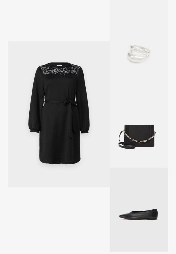 Crna haljina dugih rukava, s čipkastim detaljem na tijelu, okruglim izrezom i remenom od tkanine zavezanom u struku. Mekana, teksturirana tkanina.; Crne kožne balerinke, uski vrh, minimalistički dizajn, glatka tekstura, niska peta, bez vidljivih dodataka ili ukrasa.; Crna kožna torba preko tijela s glatkom teksturom, pravokutnim oblikom i metalnim lancem na prednjoj strani. Uključena je podesiva naramenica.; Srebrna dvostruka prsten s glatkom, poliranom površinom. Karakterizira ga fluidan, zakrivljen dizajn s preklapajućim sekcijama za moderan izgled.