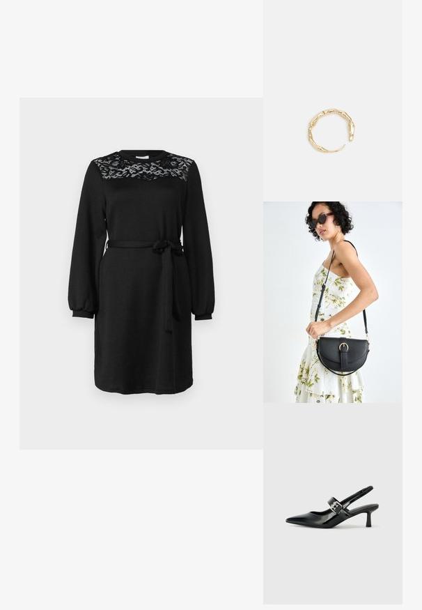 Črna obleka z dolgimi rokavi, čipkastim detajlom na telesu, okroglo dekolte in pasom iz blaga, zavezanim okoli pasu. Mehka, strukturalna tkanina.; Črne patent usnjene slingback pete s koničastim nosom in majhnim blok peto, ki vključujejo srebrno zaponko na traku.; Črna usnjena torbica s ukrivljeno obliko, z odstranljivo naramnico in zlatimi dodatki. Torbica ima pokrov s podrobnostmi v obliki zaponke.; Zlati prstan s organskim, zvitim dizajnom, gladko površino in taperiranimi konci, ki ustvarja modernega, skulpturalnega videza.