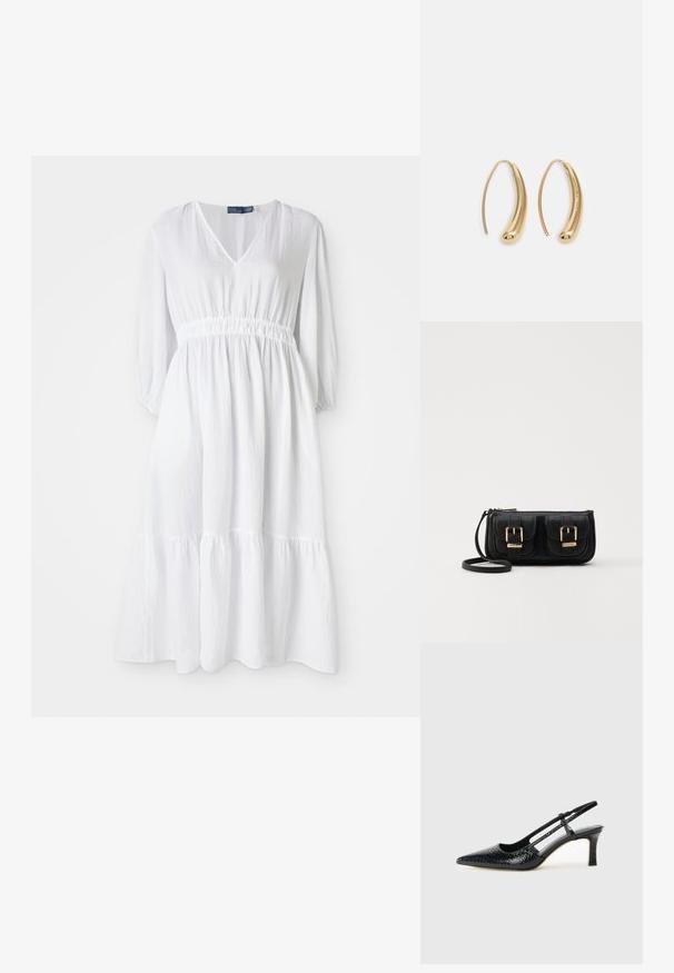 Baltā kleita ar V formas izgriezumu, elastīgu jostasvietu un trīs ceturtdaļu piedurknēm. Iezīmējas ar līmeņu ruffles apakšmalu un teksturētu audumu.; Melna patent āda ar slīdošo papēdi un smailo purngalu, ar teksturētu čūsku drukājumu, regulējamu siksniņu un īsu teksturētu blokpapēdi.; Melnas ādas crossbody soma ar divām priekšējām kabatām, zelta sprādzēm, ar rāvējslēdzēju aizdari un šauru siksnu. Strukturēta virsma un kompakta taisnstūra forma.; Zelta toņu metāla gredzena auskari ar izliektu, pagarinātu formu. Ar gludu, spīdīgu virsma un noapaļotu galu papildu detaļām.