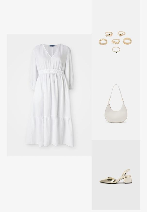 Bijela haljina s dekolteom u obliku slova V, elastičnim strukom i rukavima do tri četvrtine. Ima tijesni volanasti rub i teksturiranu tkaninu.; Zlatni metalik slingback sandali s šiljatim vrhom i debelim potpeticama. Glatka tekstura, minimalistički dizajn i uski remen.; Krem torba za rame u obliku polumjeseca, sa tankim remenom i suptilnim detaljem šavova. Minimalistički dizajn s akcentima od zlatnog tona.; Set od šest zlatnih prstenova s različitim dizajnima: pleteni, listnati motivi i čvrste trake; neki s akcentima od zelenih dragulja.