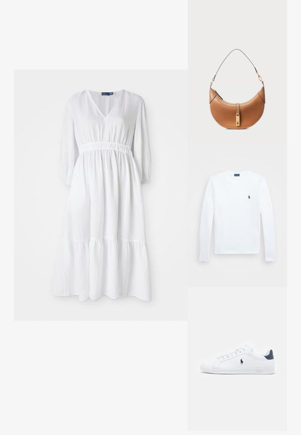 Baltā kleita ar V formas izgriezumu, elastīgu jostasvietu un trīs ceturtdaļu piedurknēm. Iezīmējas ar līmeņu ruffles apakšmalu un teksturētu audumu.; Balta garām piedurknēm krekls, kokvilnas materiāls, apaļa dekoltē, ar nelielu tumši zilu logotipu kreisajā krūtī. Vienkāršs dizains, regulāra piegriezuma.; Baltas ādas sporta apavi ar gludu virsmu, jūras zila akcenti un neliels zīmols sānos. Aprīkoti ar plakaniem aukliņām un strukturētu gumijas zoli.; Brūnas ādas rokassomi ar izliekta formu, zeltīta aparatūra un plāns plecu siksniņš. Aprīkota ar rāvējslēdzēja aizdari un logo detaļu uz priekšpuses.