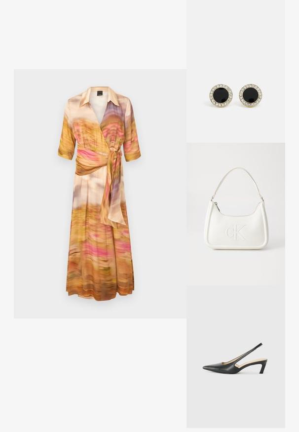 Haljina u stilu omotnice od lagane tkanine, sa višebojnim apstraktnim uzorkom u ružičastim, narančastim i žutim nijansama. Kratki rukavi i uže na struku.; Crne cipele s izduženim vrhom i remenom oko pete, s niskom petom, izrađene od glatke kože i s izrezbarenom stranom radi prozračnosti.; Bijela kožna torba s zakrivljenim oblikom, koja na prednjoj strani ima utisnut logotip "CK" i jedan remen za nošenje preko ramena. Zatvaranje na munju na vrhu.; DKNY INLAY STUD - Naušnice - black/gold-coloured
