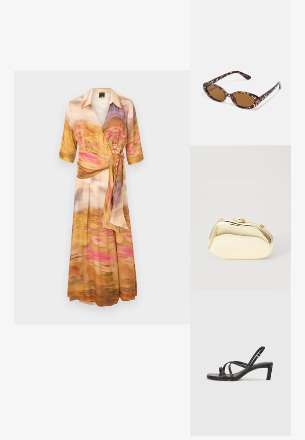 Vrangdress i lett stoff, med et multicolor abstrakt mønster i rosa, oransje og gule nyanser. Korte ermer og knyttet midje.; Sorte sandaler med stropper, firkantet tå og lav blokk hæl. Har flere tynne stropper og en justerbar ankelstropp. Laget av glatt lær.; Skilpaddeskall solbriller med ovale linser, brunfargede, tynne stenger med teksturert mønster, lett plastisk ramme.; Metallisk gull clutch med en glatt, rund form, med en toppknapp-lås og et lite kjede for bæring.