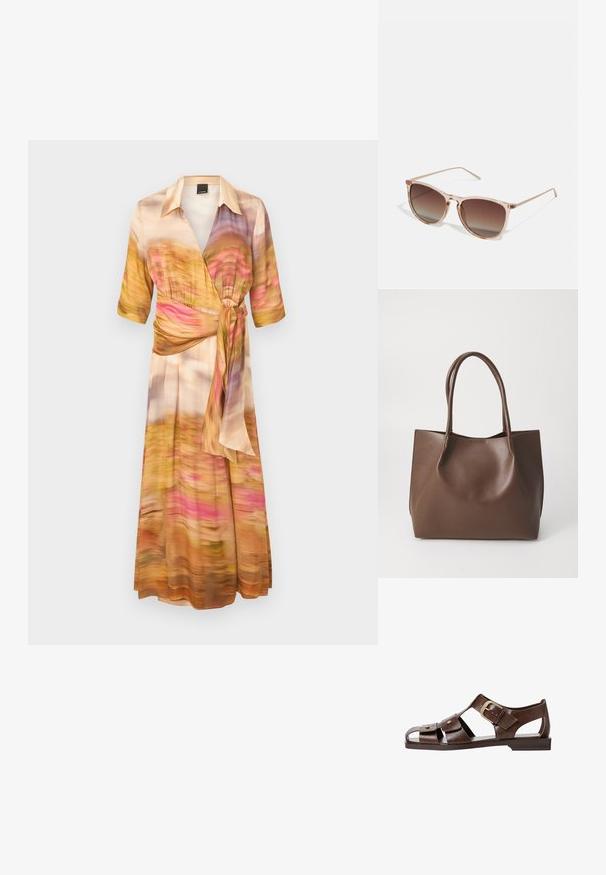 Vaatteet, joissa on kevyttä kangasta ja kääntötyyppinen malli, esittelevät moniväristä abstraktia kuviota vaaleanpunaisilla, oransseilla ja keltaisilla sävyillä. Lyhyet hihat ja sidottu vyötärö.; Ruske nahkale sandale s izrezanim dizajnom, prilagodljivo sponko na strani in ravnim podplatom, z metalnimi detajli in odprtimi prsti.; Ruskean sävyinen aurinkolasimalli, jossa on läpikuultava vaaleanpunainen runko, neliömäinen muoto ja ohuet metalliset varret. Lasimallissa on pyöristetyt reunat ja minimaalinen yksityiskohtaisuus.; Ruskea nahkatote-laukku, jossa on kaksi pitkää kahvaa, ryhdikäs muoto, sileä pinta ja minimalismi. Ei näkyvää metalliosaa tai koristeita.