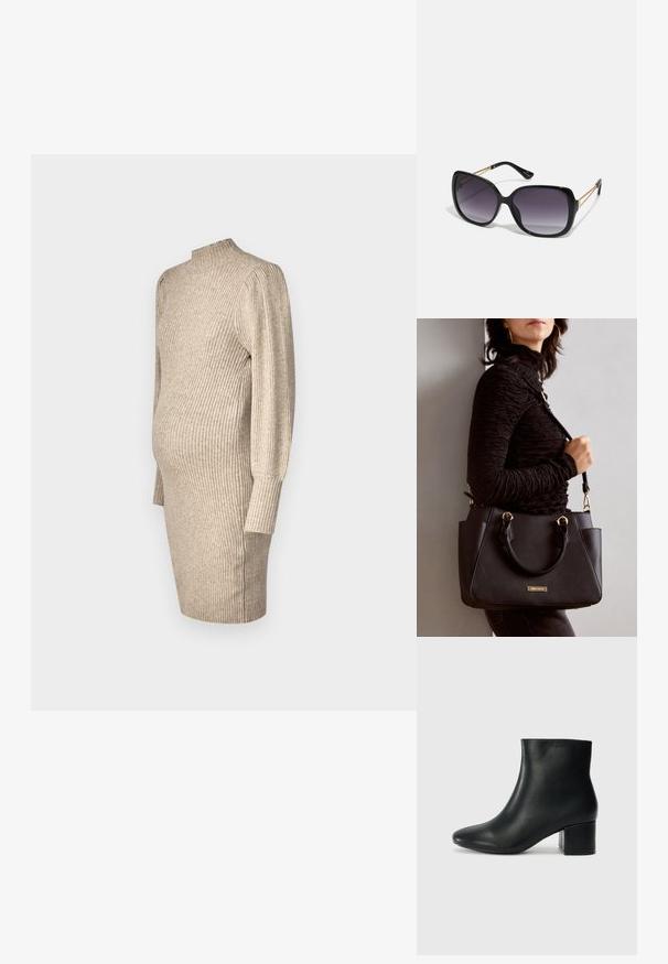 Gebreide zwangerschapsjurk in lichtbeige, met een hoge halslijn, geribbelde textuur, lange mouwen en een aansluitende silhouet met zijsplitten.; Zwarte leren enkellaarzen met een spitse neus en een chunky hak. Gladde textuur met minimale accenten en een slank, strakk ontwerp.; Zwarte oversized zonnebril met gradient glazen, dikke montuur en gouden kettingdetails op de pootjes.; Zwarte handtas met gestructureerd oppervlak, dubbele bovenhandvatten en verstelbare schouderriem. Voorzien van goudkleurige hardware en zijzakken.