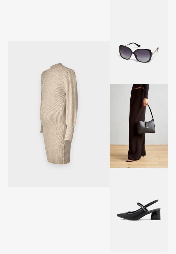 Kötött kismama ruha világos bézs színben, magas nyakkal, bordázott textúrával, hosszú ujjakkal és testhezálló fazonnal, oldalsó részekkel.; Fekete lakk bőr, pántos magassarkú cipő, hegyes orral, lekerekített kivágással és tömbsarkal. Arany színű csat díszíti.; Fekete, oversize napszemüveg fokozatos árnyalatú lencsékkel, vastag kerettel és arany színű lánc díszítéssel a szárakon.; Fekete kézi táska strukturált formával, sima textúrával és fémből készült záródással. Széles fekete nadrággal és nyitott orrú szandállal párosítva, fából készült padlón.