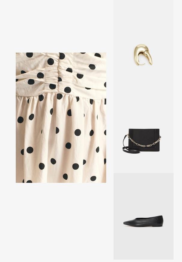 Hele beež kangas mustade täppidega, millel on kummist tekstuur ülaosas ja voolav, volditud seelik.; Musthave mustris balletkingad, terav nina, minimaliseeritud disain, sile pind, madal konts, ilma nähtava riistvara või kaunistusteta.; Mustast nahast õlakott, mis omab siledat tekstuuri, ristküliku kuju ning esiküljel metallketi detaili. Reguleeritav rihm on kaasas.; Kuldtooni metallist kõrvarõngas, millel on elegantne ja kaarjas disain. Omab silmapaistvat teravat kuju, poleeritud pinda ja hingesulgemist.