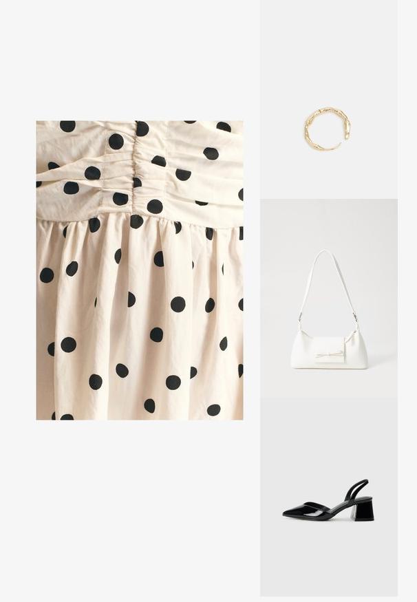 Svetlo béžová látka s čiernymi bodkami, so zberanou textúrou v hornej časti a splývavou, skladanou sukňou.; Čierne lakované kožené sandálové podpätky s špicatou špičkou a geometrickým blokovým podpätkom. Disponujú elegantným, minimalistickým dizajnom a hladkým povrchom.; Biela syntetická kabelka s trojuholníkovým tvarom, plochým predným klapkou a detailom mašle, nastaviteľným popruhom, hladkou textúrou a minimalistickým dizajnom.; Prsteň v zlatej farbe s organickým, skrúteným dizajnom, hladkým povrchom a zužujúcimi sa koncami, vytvárajúci moderný, sochársky vzhľad.