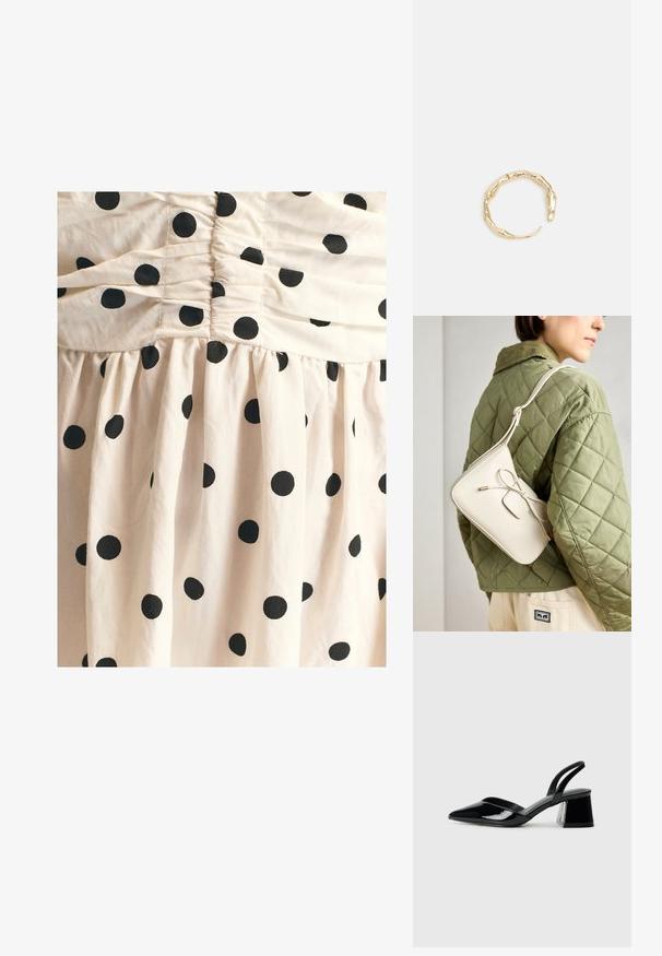 Vaaleanbeige kangas, jossa on mustia pilkkuja, ylhäällä laskostettu pinta ja valuvan laskostettu hame.; Mustat patentoitu nahkakengät, joissa on säären takaosa ja terävä kärki, sekä geometrinen palikkakorko. Sisältää tyylikkään, minimalistisen muotoilun ja sileän pinnan.; Beige nahka-olkalaukku, jossa on nauhakiinnitys, kultaiset yksityiskohdat ja yksi säädettävä hihna, joka on puettu vihreän tikatun takin päälle.; Kultaketju, jossa on orgaaninen, kierretty muotoilu, sileä pinta ja cappatut päät, luoden modernin, veistoksellisen ilmeen.
