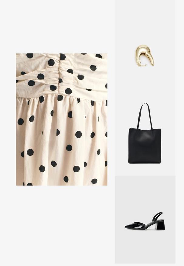 Tissu beige clair avec des pois noirs, présentant une texture froncée en haut et une jupe plissée et fluide.; Escarpins en cuir verni noir avec bout pointu et talon bloc géométrique. Présente un design élégant et minimaliste ainsi qu'une texture lisse.; Sac fourre-tout en cuir noir avec une texture lisse, de forme rectangulaire et deux longues poignées. Pas de matériel ou d'ornementations visibles.; Boucle d'oreille en métal doré avec un design élégant et courbé. Présente une forme conique distinctive, une surface polie et une fermeture à charnière.