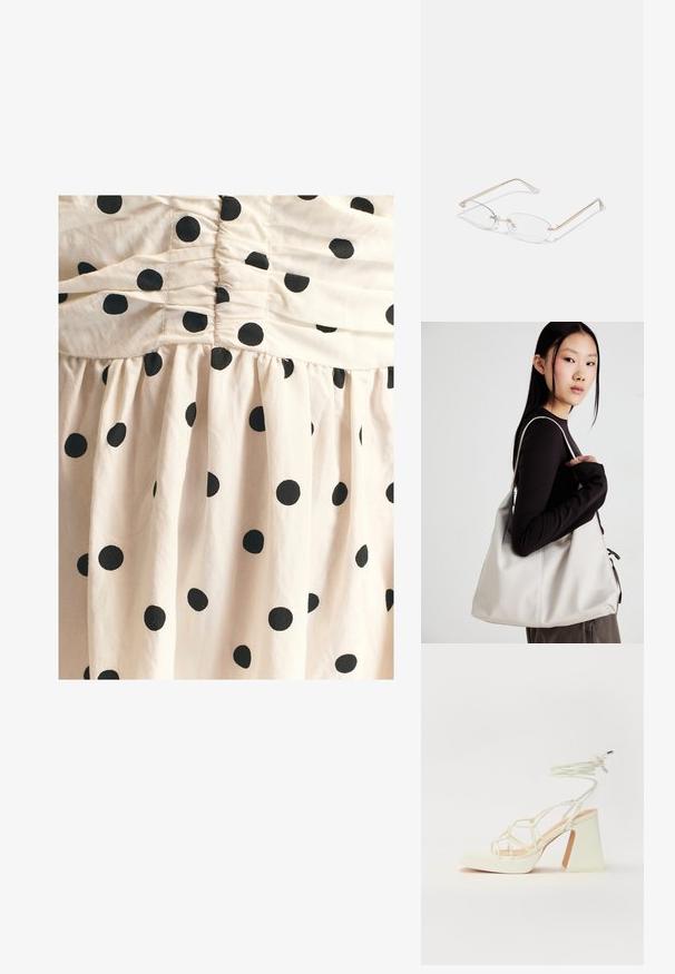 Světlý béžový materiál s černými puntíky, s naťahovanou texturou nahoře a splývavou, plisovanou sukni.; Bílé sandály na vysokém podpatku s robustním podpatkem, s designem s pásky a zavazováním kolem kotníku. Hladký povrch s platformou vpředu pro zvýšení výšky.; Zlaté kovové brýle s oválnými čočkami, štíhlými stranami a průhlednými nosními podložkami. Obsahují jemné akcenty na pantech a průhledné čočky.; Beige kabelka vyrobená z měkkého materiálu, s volným designem, prošívanými detaily a dvěma ramenními popruhy. Vhodná pro každodenní použití.