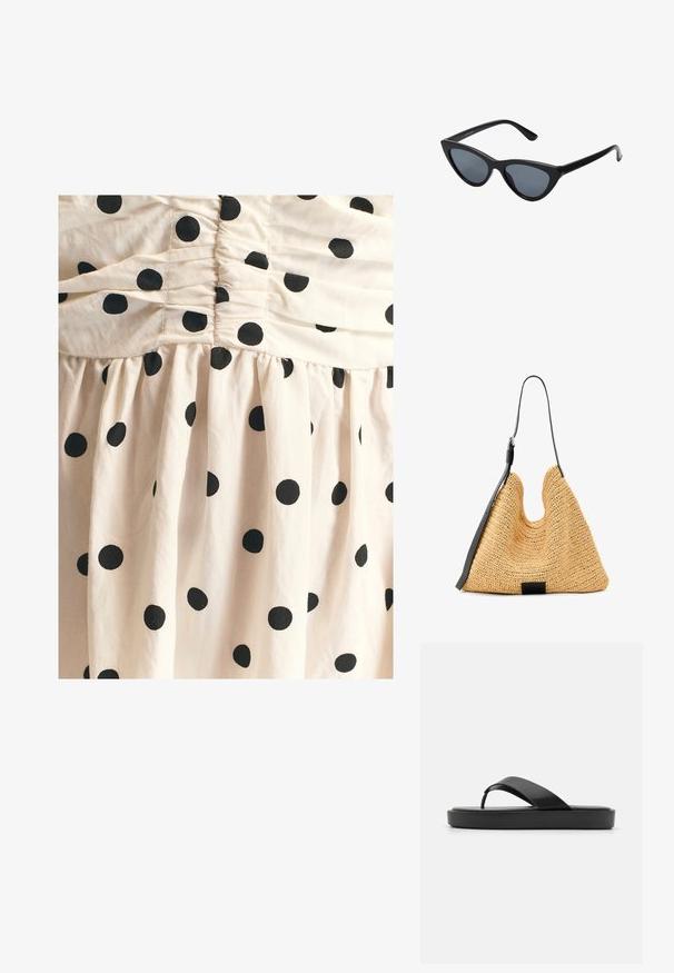 Kremfarvet bomuldskjole med en rynket overdel og en udvidet nederdel, prydet med store sorte polkaprikker over det hele. Blød tekstur.; Sorte klip-klap sandals med en glat overdel og en tekstureret sål. Minimalistisk design med en lavprofil silhuet.; Sorte katteøje solbriller med mørkegrå linser, slankt plastisk stel, spidse hjørner og lige stænger. Ingen synlig hardware eller dekorationer.; Naturlig vævet stråtaske med en tekstureret overflade, stor åben top, buet form og en mørk læderrem. Har en sort accent i bunden.