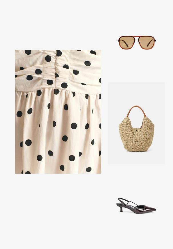 Kremfarvet bomuldskjole med en rynket overdel og en udvidet nederdel, prydet med store sorte polkaprikker over det hele. Blød tekstur.; Brun laklæder slingback pumpe med spids tå, lille blokhæle, krydsremdesign og dekorativ sløjfe detaljer foran.; Brune oktagonale solbriller med en gennemsigtig amber-ramme og brune tonede linser. Har et metalaccent ved næsestykket og slanke stængler.; Vævet stråtasker med en naturlig tekstur og en blød, organisk form, der har brune læderhåndtag for nem bæring.