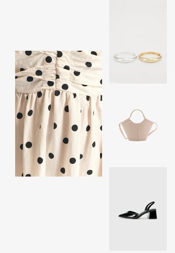 Crèmekleurige katoenen jurk met een geplooide bovenkant en een uitlopende rok, bedrukt met grote zwarte stippen over het hele oppervlak. Zachte textuur.; Zwarte gepatineerde leren slingback hakken met een spitse neus en een geometrische blokhak. Kenmerkt zich door een slank, minimalistisch ontwerp en een gladde textuur.; Beige leren handtas met een unieke vorm, voorzien van twee korte handvatten en een lange verstelbare schouderriem. Glad oppervlak met minimale hardware.; Zign 2 PACK - Armband - gold-coloured/silver-coloured