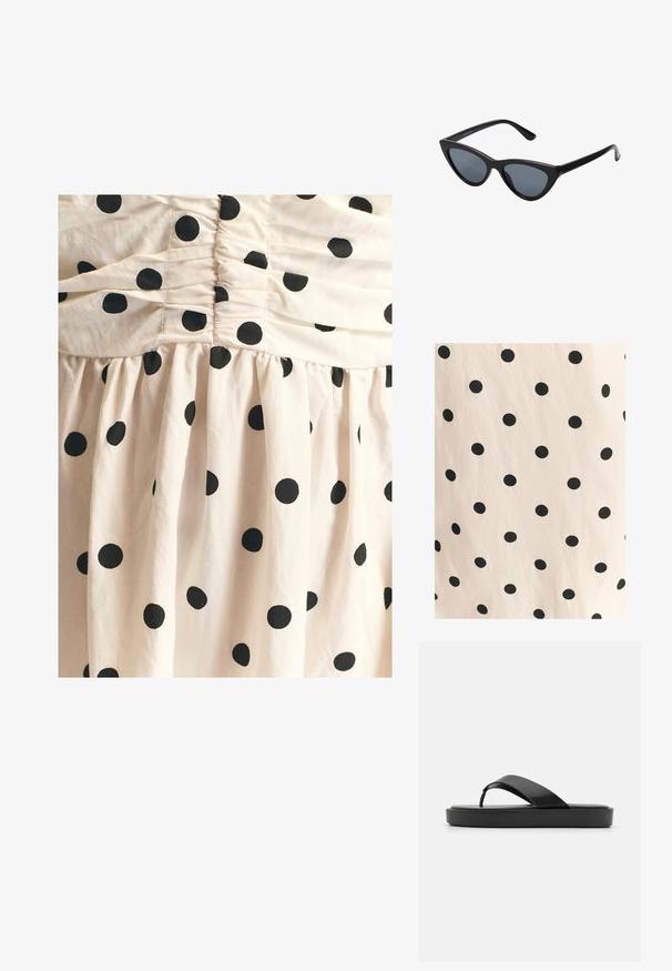 Vestido de algodón color crema con cuerpo fruncido y falda acampanada, adornado con grandes lunares negros por todo el diseño. Textura suave.; Tela con lunares negros sobre un fondo beige claro. El diseño presenta círculos sólidos espaciados uniformemente sobre una textura suave.; Chanclas negras de flip-flop con una correa superior lisa y una suela de plataforma texturizada. Diseño minimalista con una silueta de perfil bajo.; Gafas de sol negras en forma de ojo de gato con lentes gris oscuro, marco de plástico elegante, esquinas puntiagudas y patillas rectas. Sin herrajes ni acentos visibles.; Bolsa de mano de paja tejida natural con una superficie texturizada, gran apertura en la parte superior, forma curvada y una correa de cuero oscuro. Presenta un acento negro en la base.