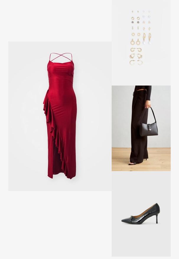Punane satiinist maksimek, millel on reguleeritavad ristkampelärvid, külgmine volangidetail ja kergelt kehaümberpaigutatud siluett. Sile tekstuur, elegantne disain.; Must musta korkeakorkoiset kengät läpikuultavasta mustasta mokasta, joissa on teräväpäinen kärki, koristeellinen nauha edessä ja ohut stilettokorko.; Must musta kott, millel on struktureeritud kuju, sile tekstuur ja metallist klamber. Kombineeritud laiate mustade pükstega ja avatud varvaste sandaalidega puidust põrandal.; Kullastusust kõrvarõngaste komplekt, mis sisaldab erinevaid disaine, sealhulgas nööpe, rõngaid ja riputatavaid tükke, millel on pärlid ja rhinestones.