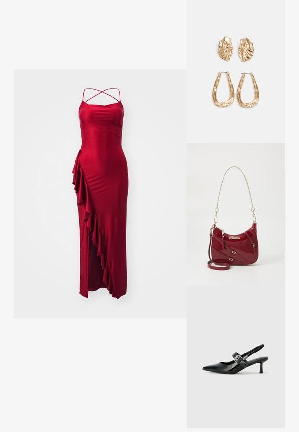 Červené saténové maxi šaty s nastavitelnými křížovými ramínky, které mají boční volánový detail a přiléhavý střih. Hladká textura, elegantní design.; Černé lakované boty na podpatku typu slingback s špičatou špičkou a malým blokovým podpatkem, které mají na pásku stříbrný přezkový akcent.; Červená lakovaná kabelka s zakřiveným tvarem, zlatým řetízkovým popruhem a ozdobnými sponami; na přední straně je logo.; Náušnice ve zlatém tónu s texturovanými, vlnitými tvary. Obsahují sochařské klipy a design otevřeného kruhu s kladivkovým povrchem.