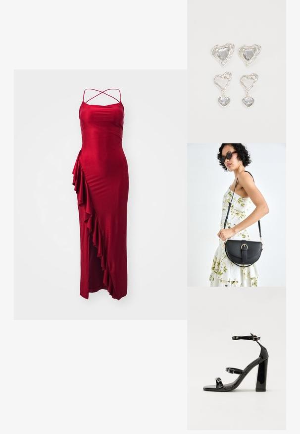 Vestido maxi de seda vermelha com alças cruzadas ajustáveis, apresentando um detalhe de babado lateral e uma silhueta justa. Textura suave, design elegante.; Sandálias pretas de verniz com salto alto, duas fivelas, biqueira quadrada e salto largo, apresentando uma textura lisa e brilhante.; Bolsa de couro preta com forma curva, alça destacável e detalhes em dourado. A bolsa possui uma aba com detalhe de fivela.; Os brincos em forma de coração prateados apresentam pedras claras facetadas, com uma moldura texturizada. O conjunto inclui estilos de botão e de gota.