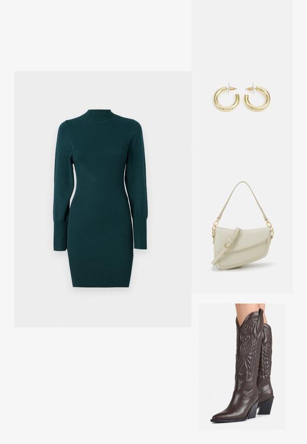 Vestido de malha em verde-água profundo com textura canelada. Apresenta um decote alto, mangas longas e uma silhueta ajustada. Comprimento até à metade da coxa.; Botas de cowboy em couro castanho com bico pontudo e salto quadrado, apresentando costuras detalhadas e realces elevados no cano.; Pequena bolsa de creme com um acabamento texturizado, uma alça longa ajustável, um detalhe em corrente e um fecho de aba. Detalhes em hardware dourado.; Brincos em argola dourados com um acabamento liso e brilhante. Design circular com um pequeno pino e suporte transparente para um uso seguro.