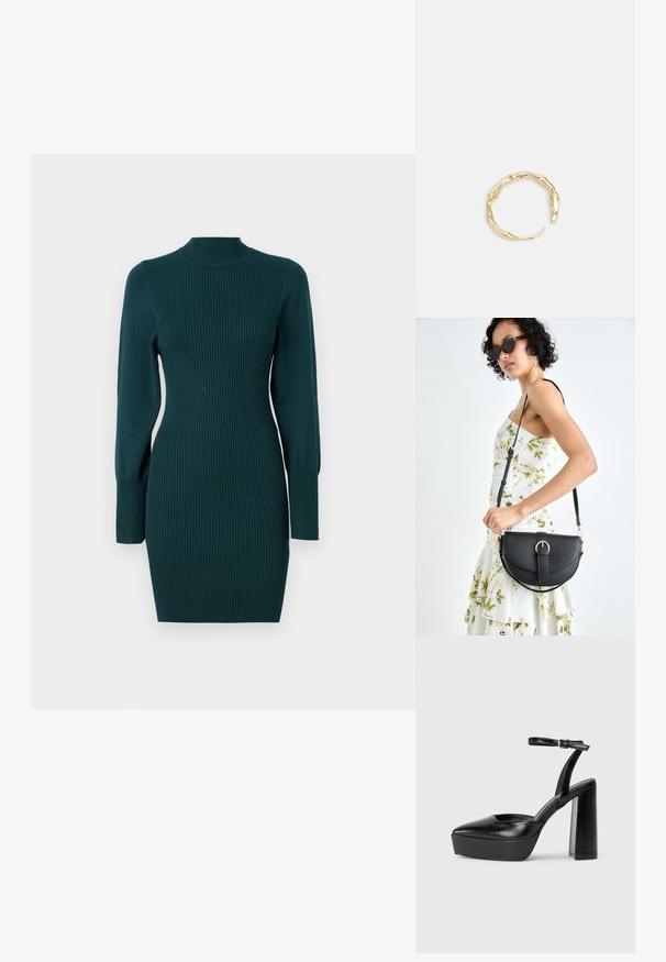 Pletené šaty v hlbokej smaragdovej farbe s ryhovanou textúrou. Majú vysoký golier, dlhé rukávy a priliehavý strih. Dĺžka do polovice stehna.; Čierne platformové podpätky so špicatou špičkou a nastaviteľným členkovým remienkom. Vyrobené z hladkej kože a so robustným blokovým podpätkom.; Čierna kožená kabelka s zaobleným tvarom, odnímateľným popruhom a zlatými doplnkami. Kabelka má klopu s detailom s prackou.; Prsteň v zlatej farbe s organickým, skrúteným dizajnom, hladkým povrchom a zužujúcimi sa koncami, vytvárajúci moderný, sochársky vzhľad.