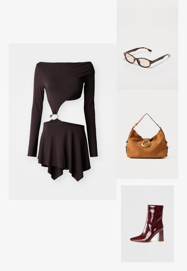 Črn dolg rokav s asimetričnim robom, ki se ponaša s twist obliko in okroglo zlatno strojno podrobnostjo v pasu. Mehka, raztegljiva tkanina.; Burgundska lakirana gležnjača s oštrim nosom i blok petom koja sadrži prozirni naglasak. Glatka tekstura i sjajan završni sloj.; Očala iz morskega želvovca z zaobljeno obliko in svetlimi lečami. Imajo trde ročke z majhnimi zlatimi detajli, narejena so iz plastičnega materiala.; Rjava nubuk torbica za ramo z zaobljeno obliko, z zlatim dodatkom za zapiranje in kontrastnim črnim robom. Ima enojni naramni trak za nošenje.