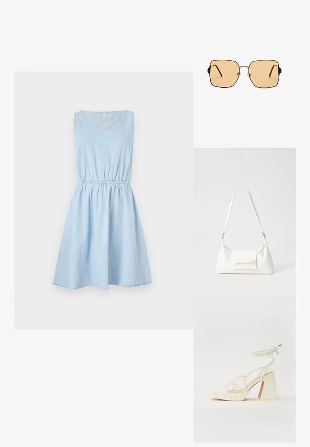 Svetlo modré bezrúkové šaty vyrobené z denimo, s elastickým pásom a rozšírenou sukňou, s okrúhlym výstrihom a jemnou textúrou.; Biele sandále na vysokom opätku s hrubým podpätkom, s pruhovaným dizajnom a viazaním na členku. Hladký povrch s platformou vpredu pre zvýšenú výšku.; Štvorcové slnečné okuliare s hnedými sklami a tenkým čiernym kovovým rámom. Vlastnosti zahŕňajú šikmé ramienka a nastaviteľné nosové podložky pre väčšie pohodlie.; Biela syntetická kabelka s trojuholníkovým tvarom, plochým predným klapkou a detailom mašle, nastaviteľným popruhom, hladkou textúrou a minimalistickým dizajnom.