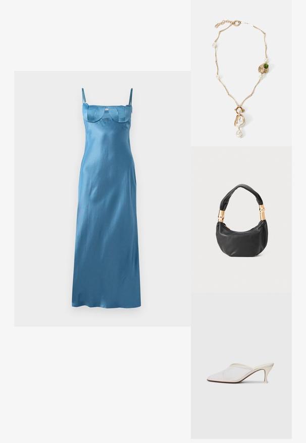 Pikk, sile sinine satiin kleit õhukeste rihmadega ja struktureeritud, lainelise bodiiga. Sile tekstuur ja voolav siluett.; Valge võrkmaterjalist teravatoa mulli king, millel on peen keskmise kõrgusega konts ja libisev disain, tühjal taustal.; Must mustrepp nahkakott ümmarguse kujuga, pehme tekstuuriga ja sõlmiga käepidemega, millel on kuldse tooni aksessuaarid. Lukuga sulgemine.; Kuldne kaelakee keerutatud linkidega, valgete pärlitega ja rohelise kivi aktsendiga. Omab keerukaid detaile ja klambrit kinnitamiseks.