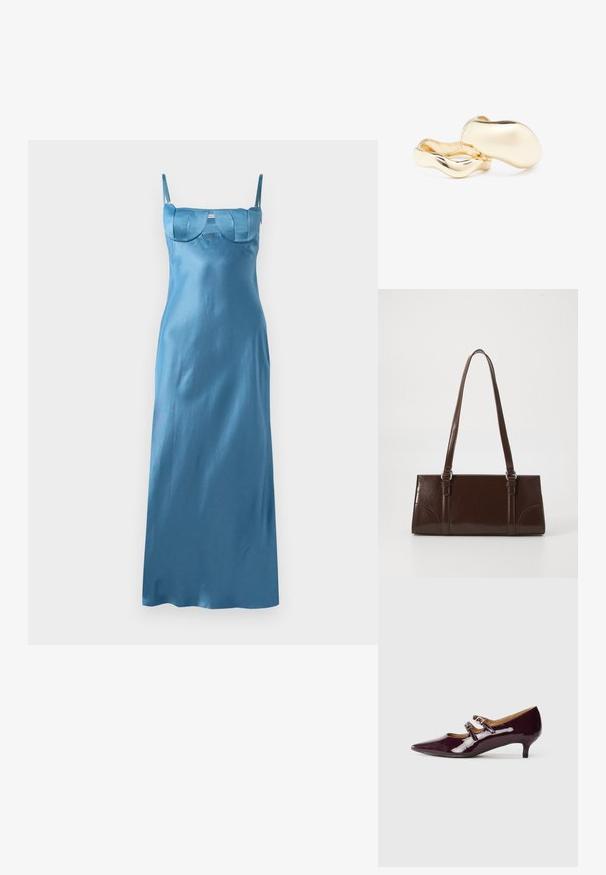 Dlouhé, elegantní modré saténové šaty s tenkými ramínky a strukturovaným, zvlněným živůtkem. Hladký povrch s volným siluetu.; Fialové lakované kožené podpatky s špičatou špičkou, dvěma přezkami a nízkým podpatkem. Hladký povrch s lesklým finišem.; Hnědá kabelka z patentované kůže obdélníkového tvaru, se dvěma dlouhými uchy a jemnými zakřivenými akcenty na přední straně.; Náušnice zlaté barvy s organickým, fazolovitým tvarem a hladkým, lesklým povrchem; mají minimalistický design bez viditelného kování.