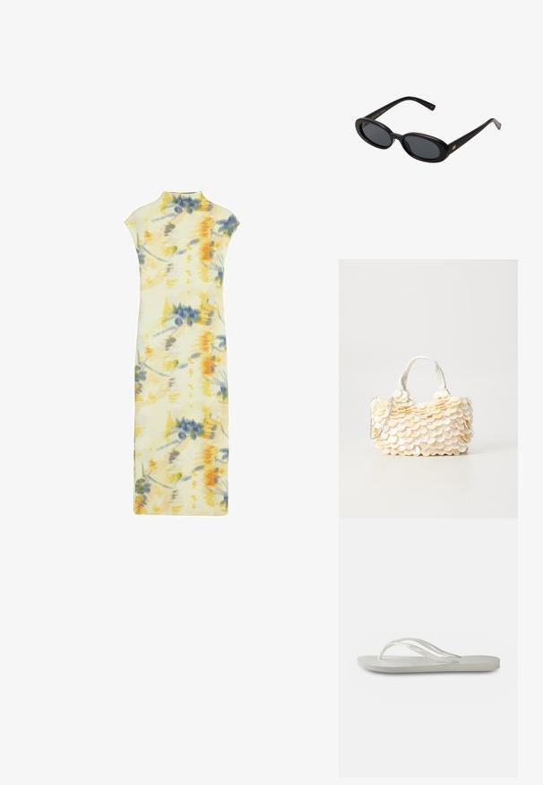 Virágmintás ruha puhava anyagból; vegyes sárga, kék és szürke színek jellemzik; rövid ujjú, magas nyakú és testhez simuló szabású.; Fehér flip-flop, textúrált talppal, vékony pántokkal és lapos kialakítással. Gumi anyagból készült, finom logóval a talprészén.; Fekete, oversize napszemüveg ovális lencsékkel, sima műanyag kerettel és arany részletekkel a fülpánton. Sötét lencséi védelmet nyújtanak a napfény ellen.; Fehér kézitáska texturált, kagylóhoz hasonló díszítésekkel. Woven fogantyúval és ezüst láncos pánttal rendelkezik a sokoldalúság érdekében.