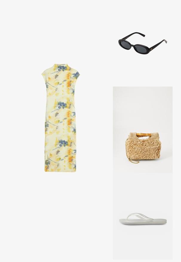 Kvetinová potlač šaty z jemnej látky; zahŕňa zmiešané žlté, modré a šedé farby; s krátkymi rukávmi, vysokým výstrihom a priliehavým strihom.; Biele žabky s textúrovanou podrážkou, tenkými popruhmi a plochým dizajnom. Vyrobené z gumy s jemným logom na podošve.; Čierne oversized slnečné okuliare s oválnymi šošovkami, hladkým plastovým rámom a zlatými akcentmi na straniciach. Tmavé šošovky poskytujú ochranu pred slnkom.; Tkaná slamená kabelka s bambusovými rúčkami, s textúrovaným strapcovým dizajnom v prírodnej béžovej farbe a zlatým reťazovým popruhom.