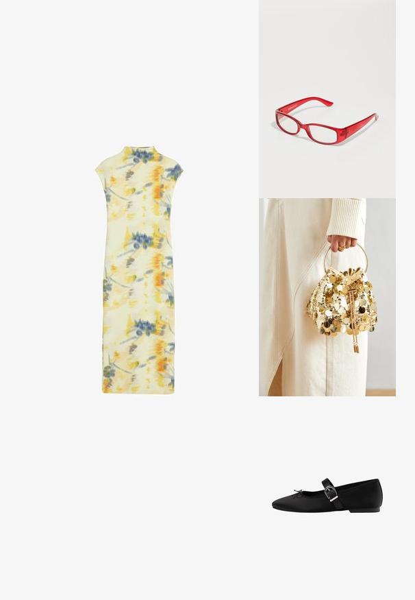 Blumenmuster-Kleid aus weichem Stoff; mit gemischten Gelb-, Blau- und Grautönen; kurze Ärmel, hoher Ausschnitt und taillierte Silhouette.; Schwarze Ballerinas aus mattem Stoff mit spitzer Zehenpartie, einem dekorativen Bogen und einem verstellbaren Riemen mit einer silbernen Schnalle.; Rote Kunststoffbrille mit rechteckigem Rahmen, klaren Gläsern und schmalen Bügeln. Das Markenlogo "even&odd" ist am Rahmen eingeprägt.; Goldfarbene Drawstring-Handtasche mit einem runden Griff, verziert mit glänzenden runden Pailletten und einem strukturierten Stoff. Abmessungen sind nicht angegeben.