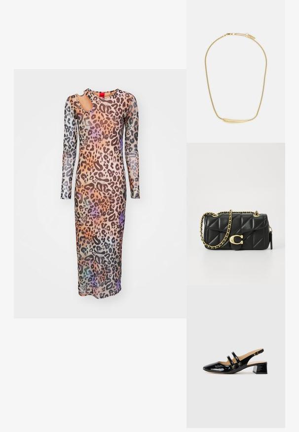 HUGO NALUSIA - Robe de soirée - multi-coloured; Chaussure slingback en cuir verni noir avec bout pointu, détail de deux brides, accents circulaires dorés et un petit talon carré.; Sac à main en cuir matelassé noir avec une bandoulière en chaîne dorée et un fermoir à bascule avec un accent circulaire. Forme rectangulaire compacte.; Collier plaqué or avec un accent central lisse et courbé. Possède une chaîne flexible avec un fermoir à homard et des maillons supplémentaires ajustables.