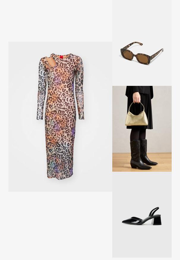 HUGO NALUSIA - Kokteiļkleita/ballīšu kleita - multi-coloured; Melna lakota āda ar atvērto papēdi, ar smailu purngalu un ģeometrisku blokpapēdi. Iezīmējas elegants, minimāls dizains un gluda tekstūra.; Tērpu apvalka saulesbrilles ar noapaļotu, masīvāku rāmi un brūnām lēcām. Satur smalkas rakstības un taisnas, sašaurinātas kājas.; Zeltīta, tekstūrēta rokassoma ar izliekumu un īsu rokturi, kuru tur persona, kas ģērbusies melnā plisētā svārku un melnās ādas kovboju zābakos.