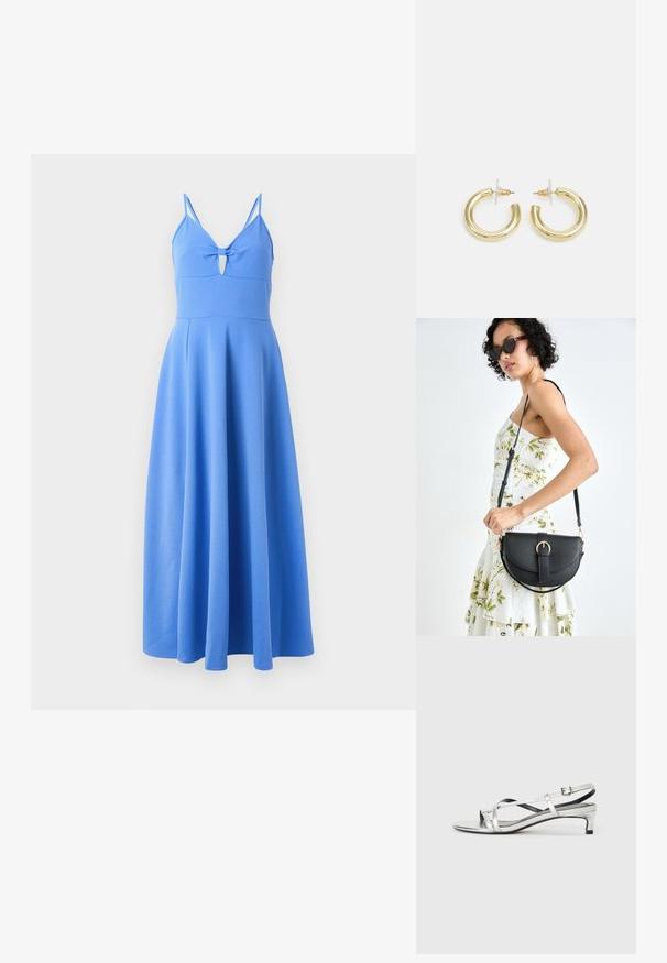 Vestido maxi azul com finas alças, detalhe em forma de buraco na frente e saia rodada. Feito de um tecido suave com uma textura lisa.; Sandália slingback metálica prateada com um salto baixo, apresentando tiras entrelaçadas e uma textura suave. Design minimalista.; Bolsa de couro preta com forma curva, alça destacável e detalhes em dourado. A bolsa possui uma aba com detalhe de fivela.; Brincos em argola dourados com um acabamento liso e brilhante. Design circular com um pequeno pino e suporte transparente para um uso seguro.