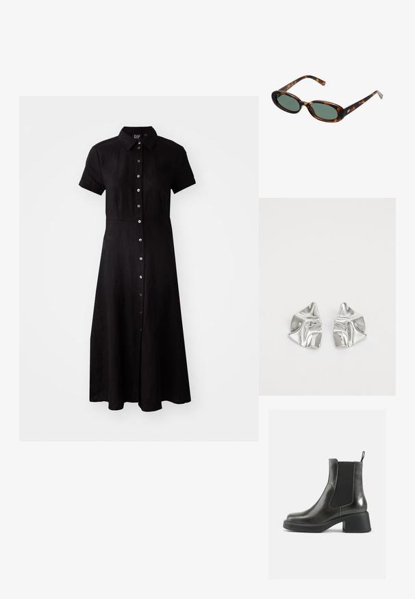 Juodas trumpomis rankovėmis suknelė su mygtukų užsegimu priekyje, apykakle ir iki kelių ilgio sijonu, pagaminta iš lengvos medžiagos. Lygus paviršius ir pritaikytas siluetas.; Juodos odinės kulkšninių botai su lygia apdaila, elastingais šonais ir storu kulnu. Yra vilkimo kilpa, skirta patogesniam apsiaustui.; Žvyneliai akiniai su ovaliais rėmeliais ir žaliais objektyvais. Siūlo plonas šakes su metaliniu akcentu prie vyrų.; Sidabriniai metaliniai Auskarai su banginiu, skulptūriniu dizainu, pasižymintys poliruotu paviršiumi ir nereguliariomis formomis, išryškinančiomis šiuolaikišką estetiką.