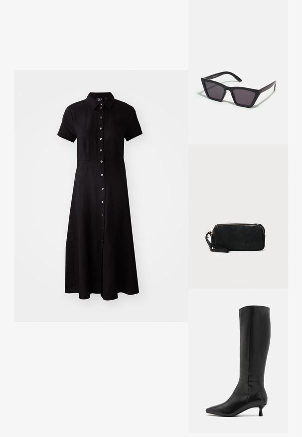 Czarna sukienka o krótkich rękawach z przodem zapinanym na guziki, kołnierzykiem i spódnicą do kolan wykonaną z lekkiego materiału. Gładka tekstura i dopasowany krój.; Zign - Kozaki; Czarne, kanciaste okulary przeciwsłoneczne z szarymi soczewkami; wykonane z plastiku, z grubymi zausznikami o gładkiej powierzchni i bez widocznych elementów metalowych.; Czarna zamszowa kopertówka z zapięciem na zamek i odpinanym paskiem na nadgarstek. Wyposażona w elementy w kolorze złotym oraz gładką, matową fakturę.