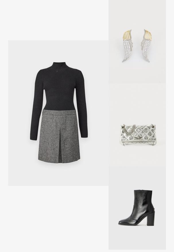 Schwarzer Strickpullover mit Rollkragen und geripptem Muster, kombiniert mit einem grauen Gewebten Rock, der einen Vorder-Schlitz und subtile Musterdetails aufweist.; Schwarze Leder-Stiefelette mit glatter Textur, spitzem Fuß und klobigem hohen Absatz. Verfügt über eine seitliche Öffnung und ein minimalistisches Design.; Silberne metallische Handtasche mit Kettenhenkel, gestepptem Muster, dekorativer Naht und Reißverschluss. Verfügt über geprägte Akzente auf der Vorderseite.; Zwei flügelartige Ohrringe aus silberfarbigem Metall mit klaren, rund facettierten Strasssteinen und goldfarbenen Metallakzenten in einem geschichteten Design.