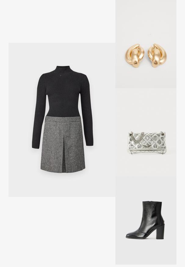 Úpletový černý rolák s žebrovanou strukturou spárovaný se šedou tkanou sukní s předním rozparkem a jemnými vzorovými detaily.; Černé kožené kotníkové boty s hladkou texturou, špičatou špičkou a robustním vysokým podpatkem. Mají boční otvor a minimalistický design.; Stříbrná metalická kabelka s řetízkem, prošívanou texturou, dekorativním stehem a zipovým uzávěrem. Obsahuje embosované detaily na přední straně.; Náušnice ve zlatém tónu z kovu s točeným designem a hladkým, lesklým povrchem a zaoblenými tvary. Každá měří přibližně 5 cm.