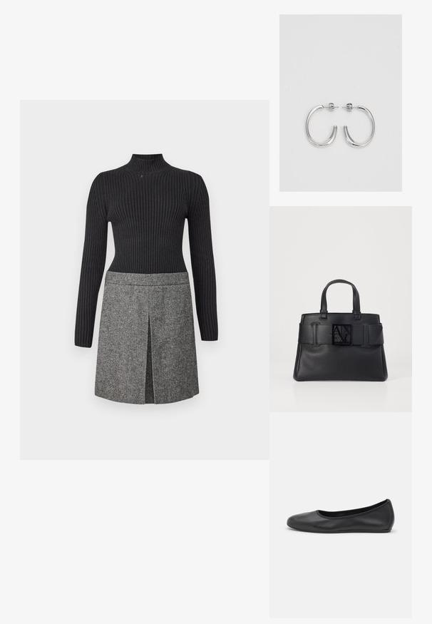 Juodas megztas golfas su raštuota tekstūra, derinamas su pilku austiniu sijonu, pasižyminčiu priekyje esančia skeltimi ir subtiliais rašto akcentais.; Juodai odiniai baletai su apvaliu pirštu, lygi texture, minimalus siuvimo detales ir lanksčiu padų dizainu.; Juodas odinis rankinės krepšys su tekstūruotu paviršiumi, plati juosta su sagtimi ir kvadratinis logotipas priekyje. Du viršutiniai rankenėlės.; Sidabrinės auskarai žiedai su lygiu, blizgiu paviršiumi. Suapvalinta forma, lengvas dizainas, su uždarymu ant smeigtuko.