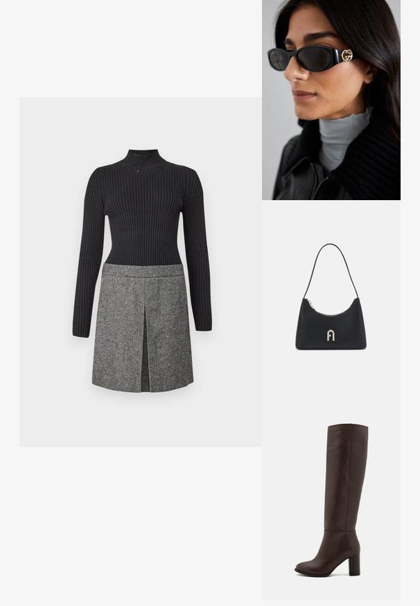 Pull en maille noir à col roulé avec une texture côtelée, associé à une jupe tissée grise avec une fente avant et des détails de motif subtils.; Botte en cuir marron à hauteur de genou avec un talon large, texture lisse, bout arrondi et détails de couture minimaux.; Lunettes de soleil noires avec une monture rectangulaire élégante et un accent logo doré sur le côté. Les verres sombres et la finition brillante sont proéminents.; Sac à bandoulière noir en matériau lisse, avec une forme incurvée, une fermeture éclair dorée et un logo embossé doré sur le devant.