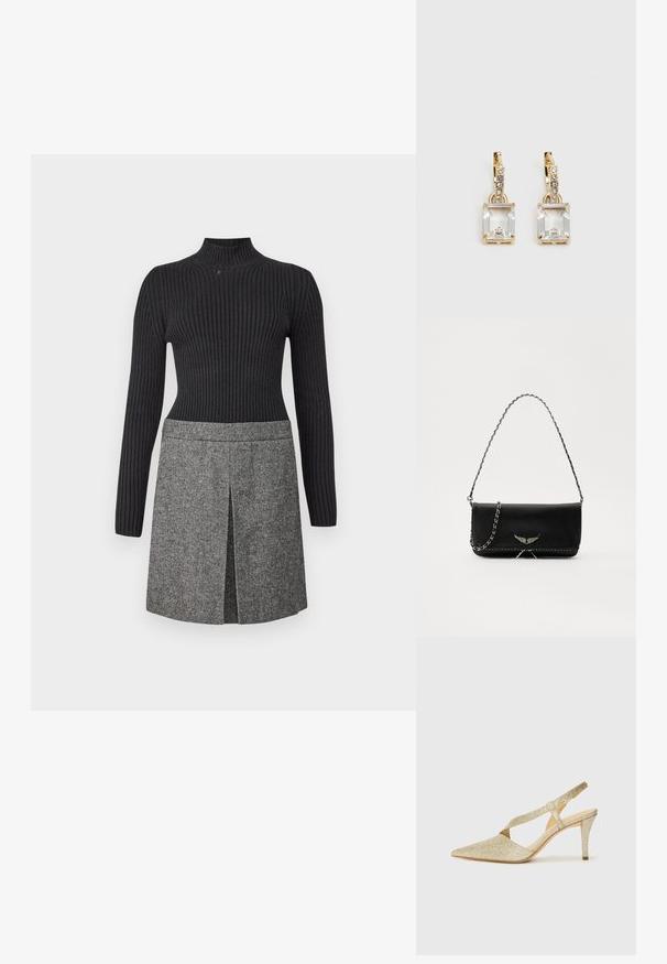 Adīts melns augstais apkakles krekls ar ribotu faktūru, saskaņots ar pelēku austu svārku, kuram ir priekšējais izsliets un smalki rakstu detaļas.; Mirdzoši zelta siksniņu pumps ar vērsto purngalu, plānu potītes siksnu un šauru papēdi. Virsma ir ar teksturētu metālisku apdari.; Melnas ādas rokassomā ar sudraba ķēdes siksnu, kurai ir dekoratīvi spārnu akcenti un baltā šuvēšana apakšējā šuvē.; Zeltītas auskaru rotas, kuru centrā ir taisnstūra formas caurspīdīgs kristāls, kas karājas zem mazu, apaļu caurspīdīgu akcentu rindas. Elegants, mūsdienīgs dizains.