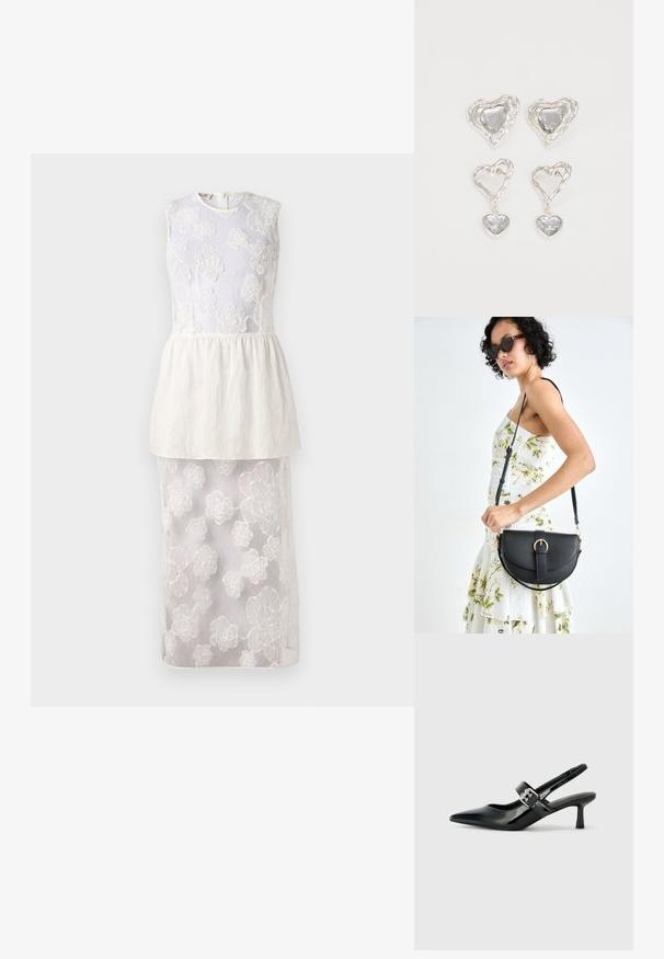 Vit klänning med ärmlös topp som har blommönstrad broderi, lager av peplummidja och en genomskinlig nederdel prydd med blommönster.; Svarta patentläder slingback-klackar med spetsig tå och en liten blockklack, med en silvrig spänneaccent på remmen.; Svart läderhandväska med en böjd form, avtagbar rem och guldiga detaljer. Väskan har ett lock med en spänndetalj.; Silvriga örhängen i hjärtform har slipade klara stenar och en texturerad ram. Setet inkluderar både stift- och hängande stilar.