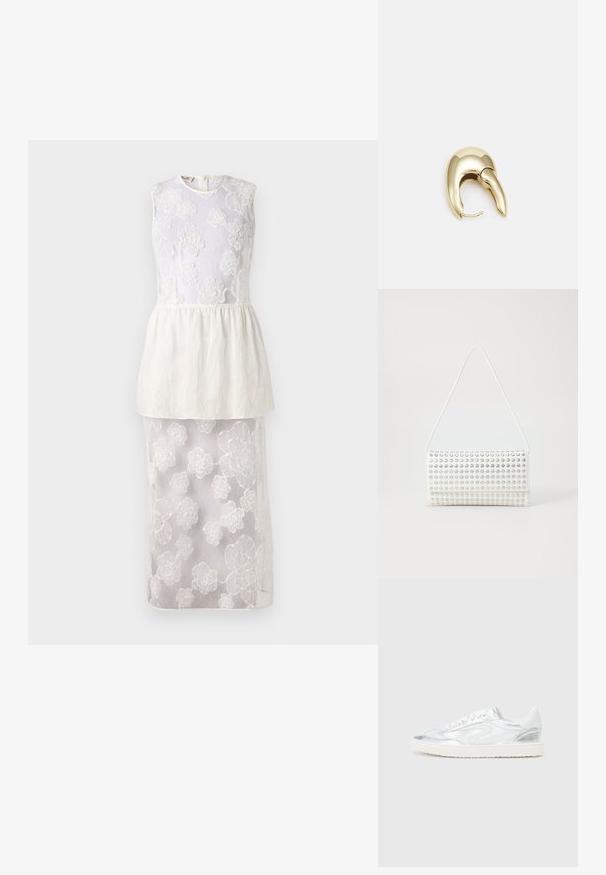 Balta kleita ar bezpiedurkņu augšējo daļu, kas rotāta ar ziedu izšuvumiem, kārtainu pepluma vidukli un caurspīdīgu apakšējo svārku, kas rotāts ar ziedu rakstiem.; Bāli balti sporta apavi ar metālisku sudraba akcentu, gluda tekstūra, apaļš purngalis, plakana zole un tradicionāls saistīšanas dizains.; Balta soma ar noapaļotu formu, kas izceļas ar fakturētu virsmu ar sudraba uzduriem. Tai ir plāns plecu siksniņš un eleganta aizdare.; Zeltīti metāla auskari ar gludu, izliekta dizaina. Ar atšķirīgu smailu formu, pulētu virsmu un eņģu aizdari.