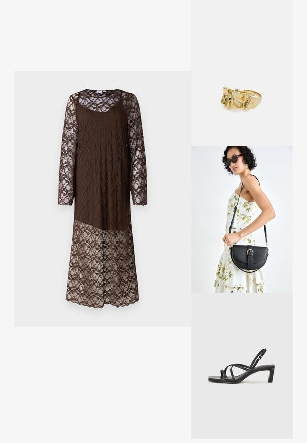 Hnedé čipkované šaty s dlhými rukávmi, so kvetinovým vzorom a vláčika hranami. Polopriehľadný dizajn s plynulým siluetou.; Čierne sandále na vysokom podpätku so štvorcovou špičkou a nízkym blokovým podpätkom. Obsahujú viacero tenkých popruhov a nastaviteľný členkový popruh. Vyrobené z hladkej kože.; Čierna kožená kabelka s zaobleným tvarom, odnímateľným popruhom a zlatými doplnkami. Kabelka má klopu s detailom s prackou.; Zlatý prsteň s textúrovaným, vlnitým dizajnom, ktorý má tri výrazné vrcholy. Hladký, lesklý povrch a otvorený pásik pre nastaviteľné prispôsobenie.
