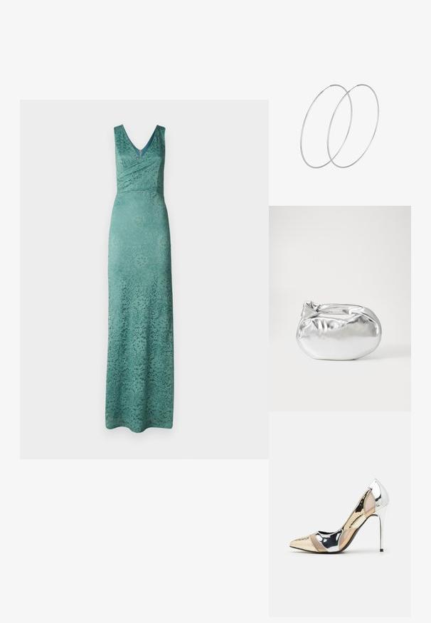 Mündroheline pitskleit maxi pikkuses, millel on V-kujuline kaelus, istuv talje ja lillemuster. Kanga pind on sujuv ja kerge sära.; Kitsas toe kõrge kontsaga kingad, millel on hõbedane, kuldne ja nude värvilahendus. Läikiv viimistlus lõikekujundusega, stiletto konts.; Hõbedane metallikoti kott pehme, ümar kuju ja sõlme ülemise sulgemisega. Valmistatud siledast kunstnahast materjalist.; Hõbedased rõngastikkaehingad minimalistlikus disainis. Ümar kuju, sile tekstuur ja õhuke profiil. Kerged ning poleeritud viimistlusega.