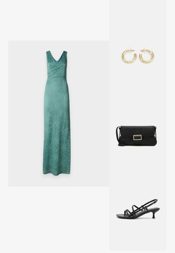Svetlozelené maxi šaty z čipky s výstrihom do V, priliehavým pásom a kvetinovým vzorom. Materiál má hladkú textúru a jemný lesk.; Čierne sandále na podpätku s viacerými prekríženými remienkami. Hladký materiál, špicatá špička a úzky podpätok. Nastaviteľný remienok okolo členka s prackou.; Čierna kožená clutch taška s klopou a zlatým kovovým detailom s prackou. Obsahuje čierny remienok a elegantný, minimalistický dizajn.; Zlaté kruhové náušnice s hladkým, lesklým povrchom. Cirkulárny dizajn s malým steblom a jasným záznamom pre bezpečné nosenie.