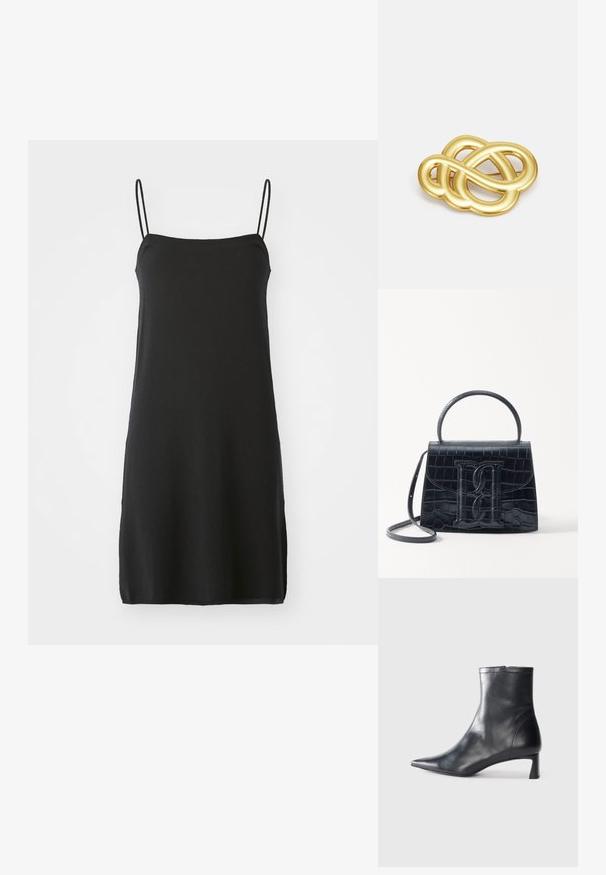 Vestido preto sem mangas com alças finas, confeccionado em tecido suave. Corte reto, com um comprimento até ao joelho, apresenta uma cor sólida simples, sem padrões.; Bota de tornozelo em pele preta com biqueira apontada e um design elegante. Apresenta um salto baixo e um fecho com zipper na parte de trás. Textura suave.; Bolsa de pele preta com estampa de crocodilo, de design estruturado, com alça de mão, correia ajustável e um detalhe de logotipo em destaque na frente.; Broche em tom de ouro com um design em nó, apresentando linhas suaves e curvas e uma forma intricada, refletindo um acabamento polido.